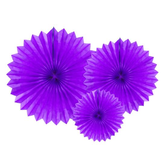 3 Abanicos de papel decorativos morados (25-20-30 cm) 3 Abanicos de papel decorativos morados (25-20-30 cm)