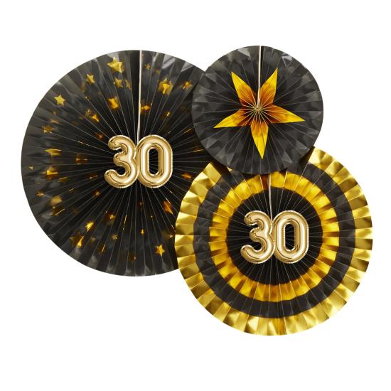 3 Abanicos de papel decorativos variados "30" (21-26-30 cm) - Glitz & Glamour Black & Gold 3 Abanicos de papel decorativos variados "30" (21-26-30 cm) - Glitz & Glamour Black & Gold
