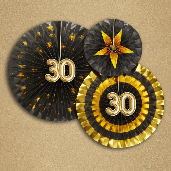 3 Abanicos de papel decorativos variados "30" (21-26-30 cm) - Glitz & Glamour Black & Gold 3 Abanicos de papel decorativos variados "30" (21-26-30 cm) - Glitz & Glamour Black & Gold
