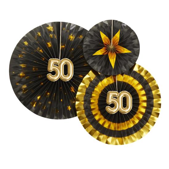 3 Abanicos de papel decorativos variados "50" (21-26-30 cm) - Glitz & Glamour Black & Gold 3 Abanicos de papel decorativos variados "50" (21-26-30 cm) - Glitz & Glamour Black & Gold