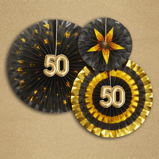 3 Abanicos de papel decorativos variados "50" (21-26-30 cm) - Glitz & Glamour Black & Gold 3 Abanicos de papel decorativos variados "50" (21-26-30 cm) - Glitz & Glamour Black & Gold