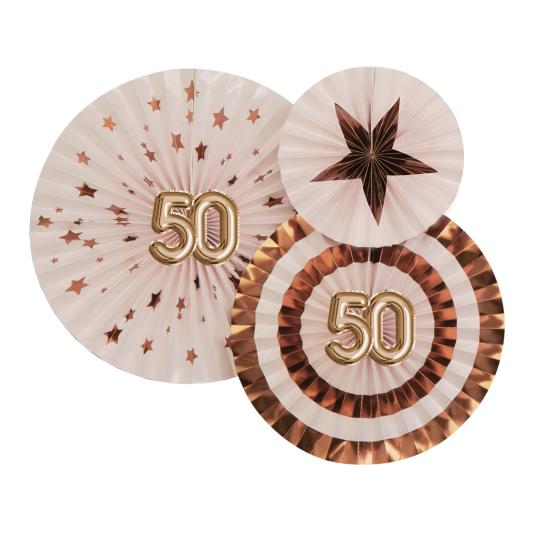 3 Abanicos de papel decorativos variados "50" (21-26-30 cm) - Glitz & Glamour Pink & Rose Gold 3 Abanicos de papel decorativos variados "50" (21-26-30 cm) - Glitz & Glamour Pink & Rose Gold