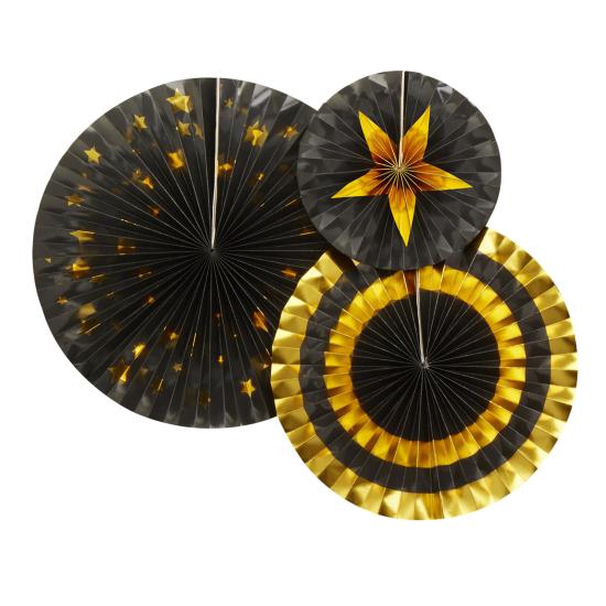 3 Abanicos de papel decorativos variados de papel (21-26-30 cm) - Glitz & Glamour Black & Gold 3 Abanicos de papel decorativos variados de papel (21-26-30 cm) - Glitz & Glamour Black & Gold