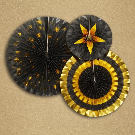 3 Abanicos de papel decorativos variados de papel (21-26-30 cm) - Glitz & Glamour Black & Gold 3 Abanicos de papel decorativos variados de papel (21-26-30 cm) - Glitz & Glamour Black & Gold