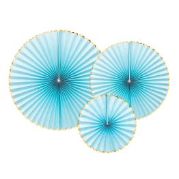3 abanicos de papel decorativos azul cielo con borde dorado - Yummy