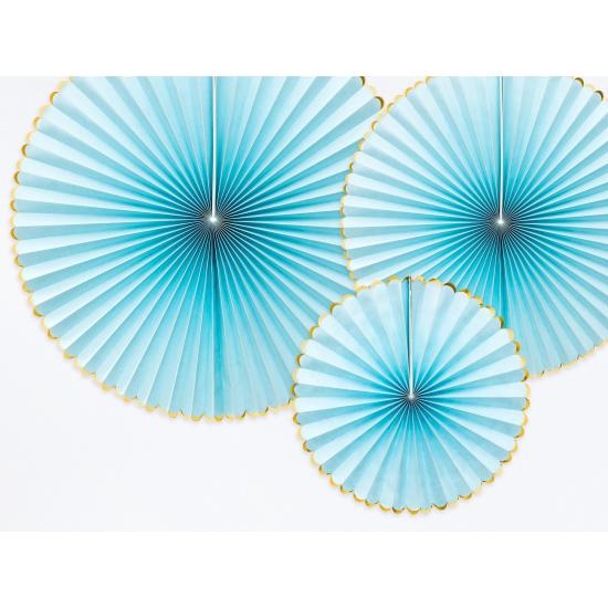 3 abanicos de papel decorativos azul cielo con borde dorado - Yummy 3 abanicos de papel decorativos azul cielo con borde dorado - Yummy