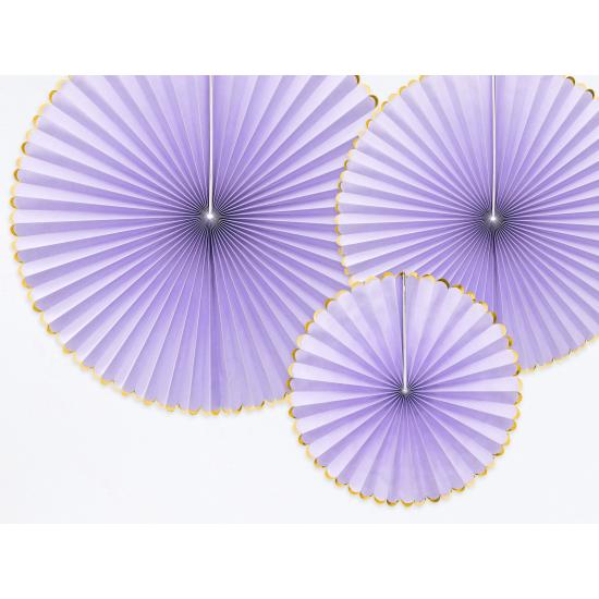 3 abanicos de papel decorativos lilas con borde dorado - Yummy 3 abanicos de papel decorativos lilas con borde dorado - Yummy