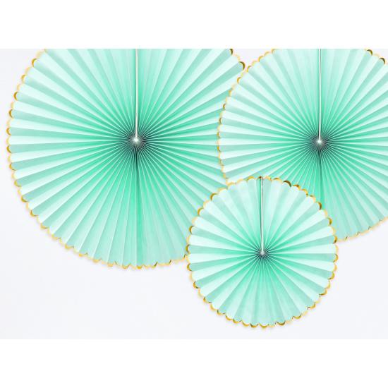 3 abanicos de papel decorativos verde menta con borde dorado - Yummy 3 abanicos de papel decorativos verde menta con borde dorado - Yummy