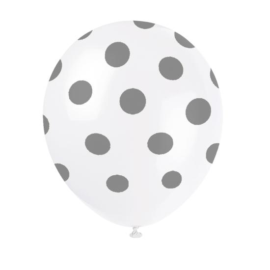 6 globos blancos con topos plateados (30 cm) 6 globos blancos con topos plateados (30 cm)