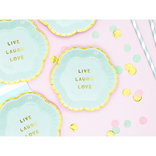 6 platos azules pastel con borde dorado "Live, Laugh, Love" de papel (13 cm) - Yummy 6 platos azules pastel con borde dorado "Live, Laugh, Love" de papel (13 cm) - Yummy