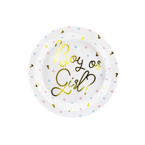 6 platos blancos con inscripción dorada "Boy or Girl?" de papel (23 cm) - Gender Reveal Party 6 platos blancos con inscripción dorada "Boy or Girl?" de papel (23 cm) - Gender Reveal Party