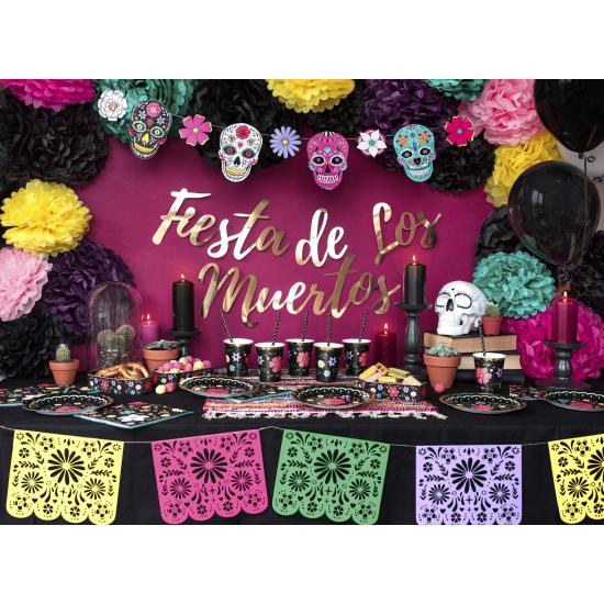6 platos negros con flores multicolor de papel (18 cm) - Dia de Los Muertos Collection