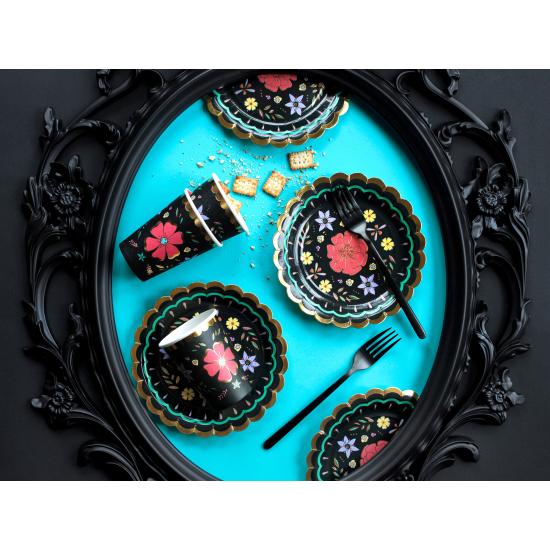 6 platos negros con flores multicolor de papel (18 cm) - Dia de Los Muertos Collection
