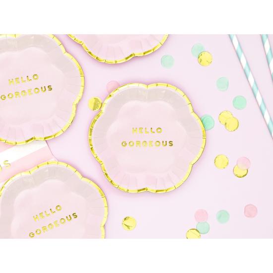 6 platos rosas pastel con borde dorado "Hello gorgeus" de papel (13 cm) - Yummy 6 platos rosas pastel con borde dorado "Hello gorgeus" de papel (13 cm) - Yummy