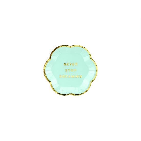 6 platos verde menta pastel con borde dorado "Never stop dreaming" de papel (13 cm) - Yummy 6 platos verde menta pastel con borde dorado "Never stop dreaming" de papel (13 cm) - Yummy