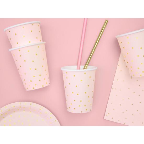 6 vasos rosas con lunares dorados de papel 6 vasos rosas con lunares dorados de papel