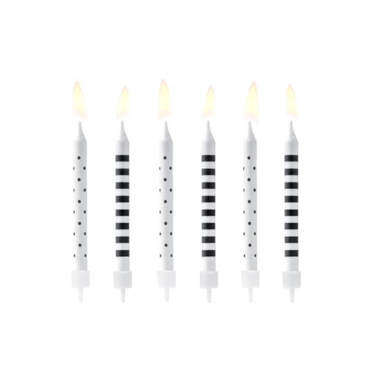 6 velas blancas y negras con estampado variado (6,5 cm) 6 velas blancas y negras con estampado variado (6,5 cm)