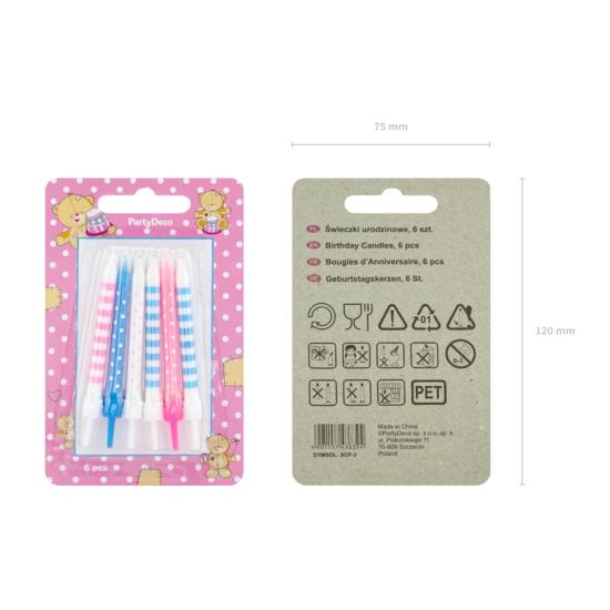 6 velas rosas y azules con estampado variado (6,5 cm) 6 velas rosas y azules con estampado variado (6,5 cm)
