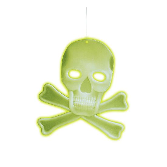Calavera colgante 3D con huesos fluorescente Calavera colgante 3D con huesos fluorescente