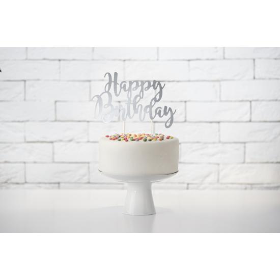 Decoración para tarta "Happy Birthday" plateado - Black & White Decoración para tarta "Happy Birthday" plateado - Black & White