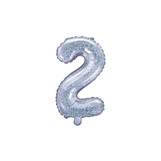 Globo foil "2" plateado con purpurina (35 cm) Globo foil "2" plateado con purpurina (35 cm)