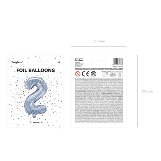 Globo foil "2" plateado con purpurina (35 cm) Globo foil "2" plateado con purpurina (35 cm)