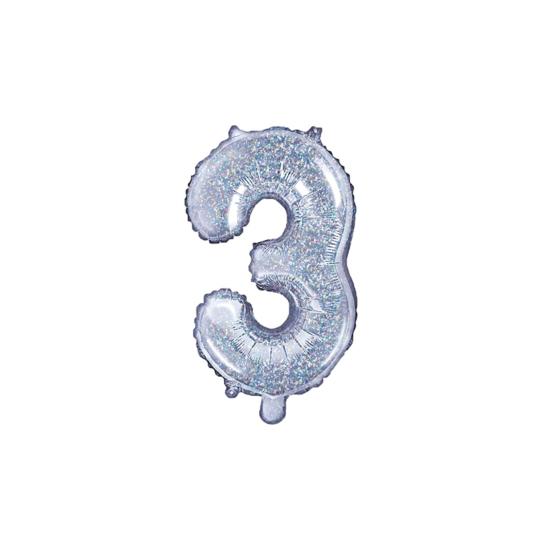 Globo foil "3" plateado con purpurina (35 cm) Globo foil "3" plateado con purpurina (35 cm)
