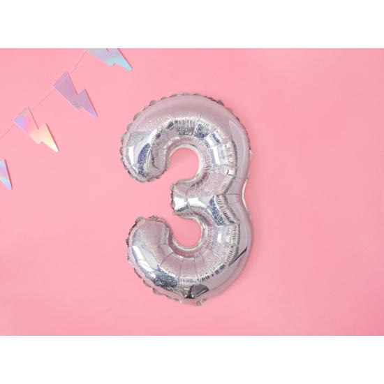 Globo foil "3" plateado con purpurina (35 cm) Globo foil "3" plateado con purpurina (35 cm)
