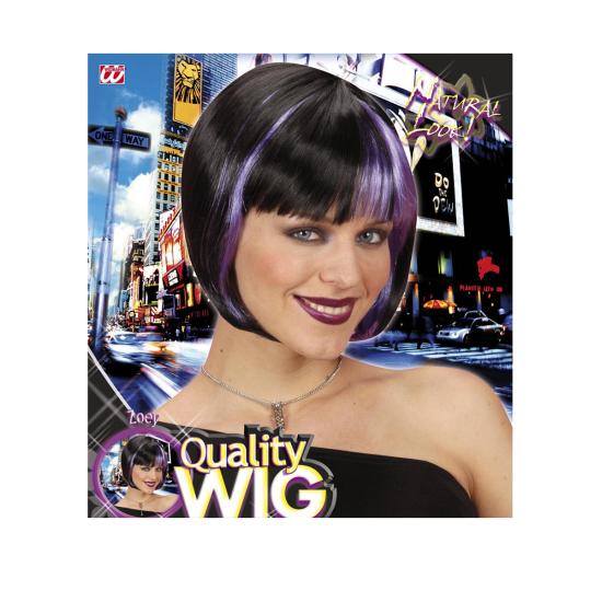Peluca negra con mechas violetas para mujer Peluca negra con mechas violetas para mujer