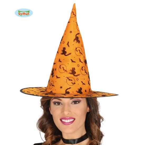 Sombrero de bruja naranja con gatos y murciélagos para mujer Sombrero de bruja naranja con gatos y murciélagos para mujer