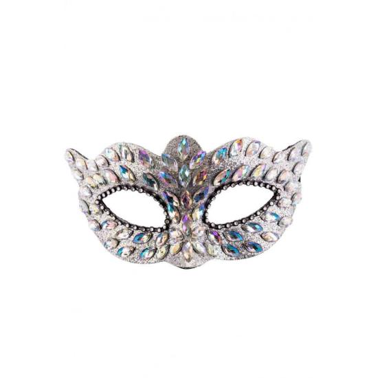Antifaz plateado de plástico con gemas y strass sobre cartoncillo Antifaz plateado de plástico con gemas y strass sobre cartoncillo