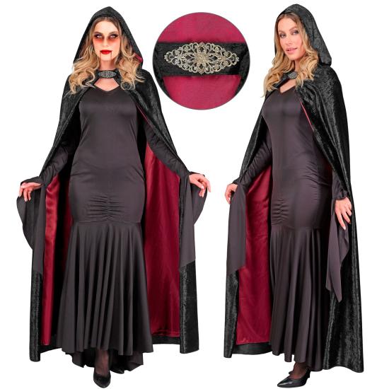 Capa con capucha terciopelo negro y forro rojo – 140 cm Capa con capucha terciopelo negro y forro rojo – 140 cm