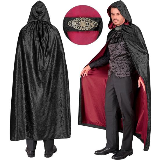Capa con capucha terciopelo negro y forro rojo – 140 cm Capa con capucha terciopelo negro y forro rojo – 140 cm