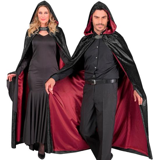 Capa con capucha terciopelo negro y forro rojo – 140 cm Capa con capucha terciopelo negro y forro rojo – 140 cm