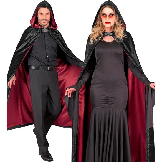 Capa con capucha terciopelo negro y forro rojo – 140 cm Capa con capucha terciopelo negro y forro rojo – 140 cm