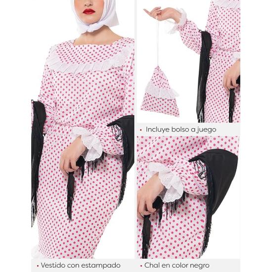 Disfraz Chulapa Deluxe mujer, Vestido, chal, pañuelo, clavel y bolso, Talla Estandard, Licencia Oficial para San Isidro, Chulapos, Chotis, Madrileño Disfraz Chulapa Deluxe mujer, Vestido, chal, pañuelo, clavel y bolso, Talla Estandard, Licencia Oficial para San Isidro, Chulapos, Chotis, Madrileño