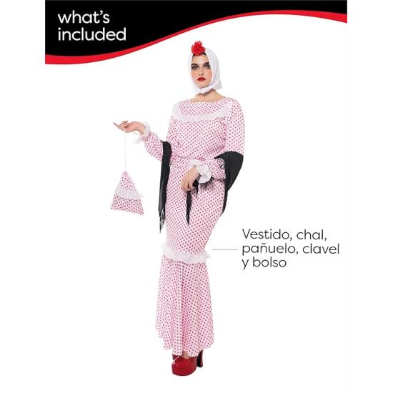Disfraz Chulapa Deluxe mujer, Vestido, chal, pañuelo, clavel y bolso, Talla Estandard, Licencia Oficial para San Isidro, Chulapos, Chotis, Madrileño Disfraz Chulapa Deluxe mujer, Vestido, chal, pañuelo, clavel y bolso, Talla Estandard, Licencia Oficial para San Isidro, Chulapos, Chotis, Madrileño