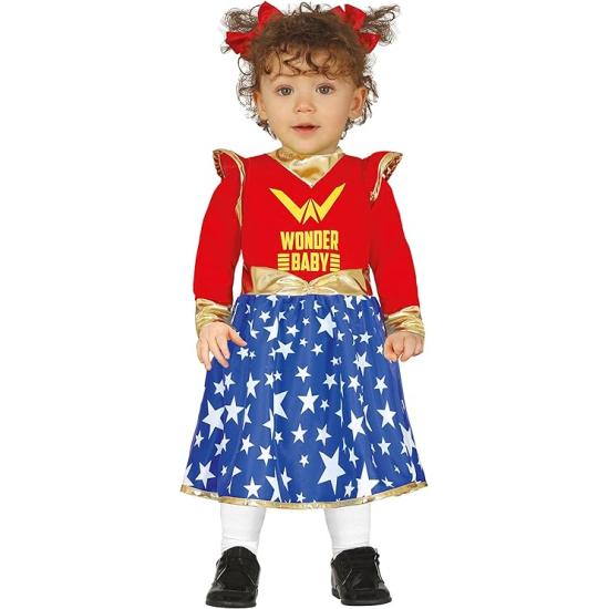 Disfraz de Bebé Maravilla - Vestido Rojo y Azul de Super Heroína con Estrellas para Bebé ** Disfraz de Bebé Maravilla - Vestido Rojo y Azul de Super Heroína con Estrellas para Bebé **