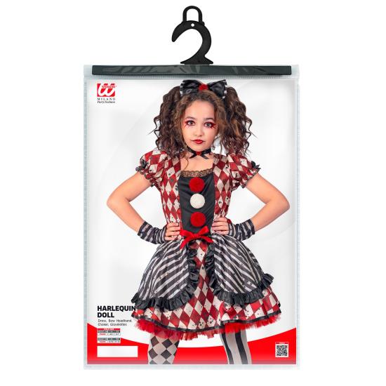 Disfraz “Muñeca Arlequín” para niña – vestido con lazo, gargantilla y guantes Disfraz “Muñeca Arlequín” para niña – vestido con lazo, gargantilla y guantes