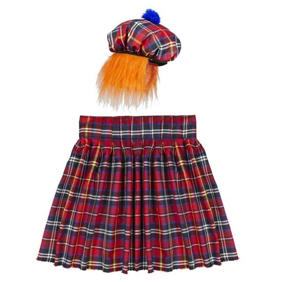 Set Escocés Lujo con Falda Escocesa y Gorra con Peluca Set Escocés Lujo con Falda Escocesa y Gorra con Peluca