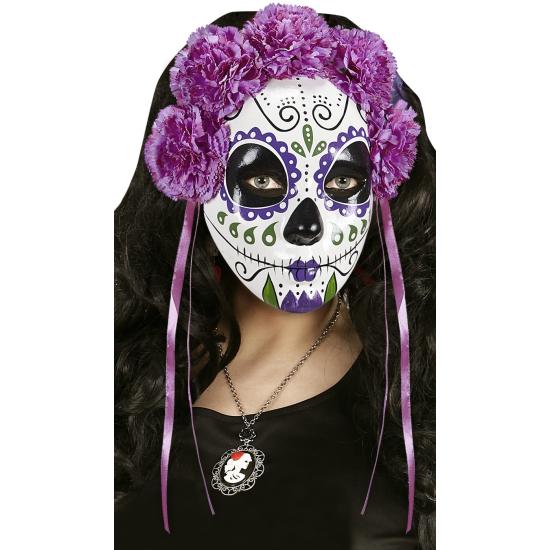 Máscara Dia de Los Muertos decorada Rosas Moradas Máscara Dia de Los Muertos decorada Rosas Moradas
