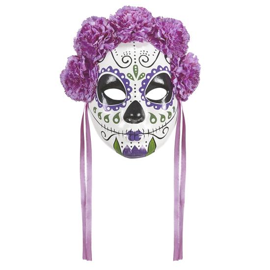 Máscara Dia de Los Muertos decorada Rosas Moradas Máscara Dia de Los Muertos decorada Rosas Moradas