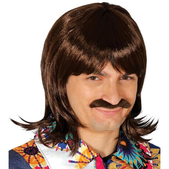 Peluca de los Años 60 Castaña con Bigote  Rey de la Pista. Peluca de los Años 60 Castaña con Bigote  Rey de la Pista.