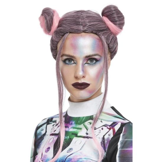 Peluca con moños espaciales, Negro y rosa Peluca con moños espaciales, Negro y rosa