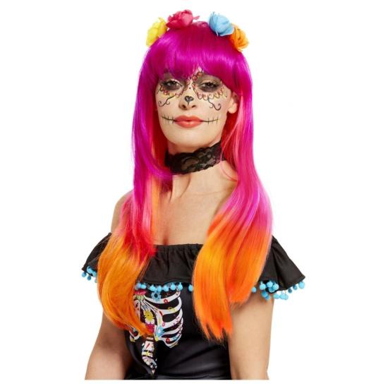 Peluca del Día de Muertos, Rosa y naranja, con flores Peluca del Día de Muertos, Rosa y naranja, con flores