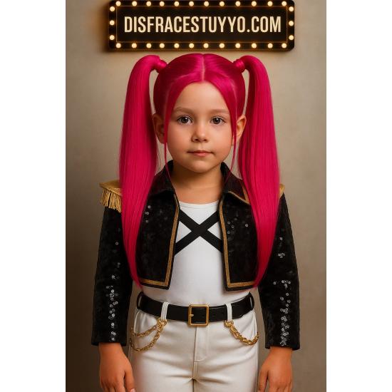 Peluca Guerrera K-Pop Mira Rosa con Coletas – Accesorio de Disfraz para Carnaval y Fiestas