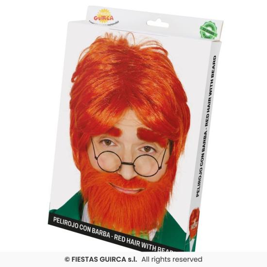 Peluca pelirroja con barba en caja, Color rojo, Leprechaun Peluca pelirroja con barba en caja, Color rojo, Leprechaun