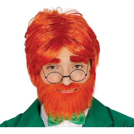Peluca pelirroja con barba en caja, Color rojo, Leprechaun Peluca pelirroja con barba en caja, Color rojo, Leprechaun