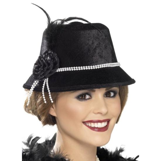 Sombrero de los años 20, negro, con abalorios y flor Sombrero de los años 20, negro, con abalorios y flor