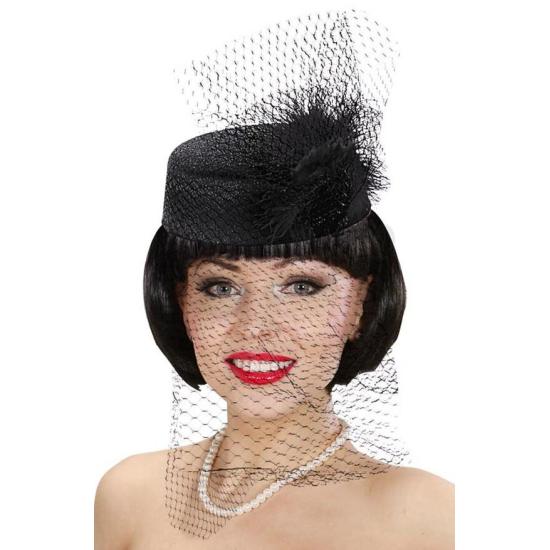 Sombrero Negro con rejilla y Pluma años 20 Sombrero Negro con rejilla y Pluma años 20